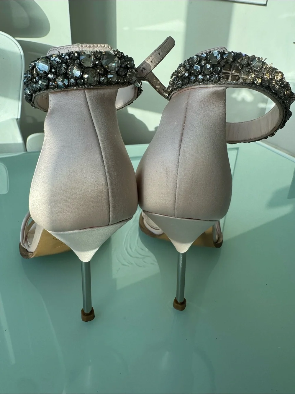 Alexander McQueen Blush Nude Satin Stiletto Sandals with Crystal Ankle Straps